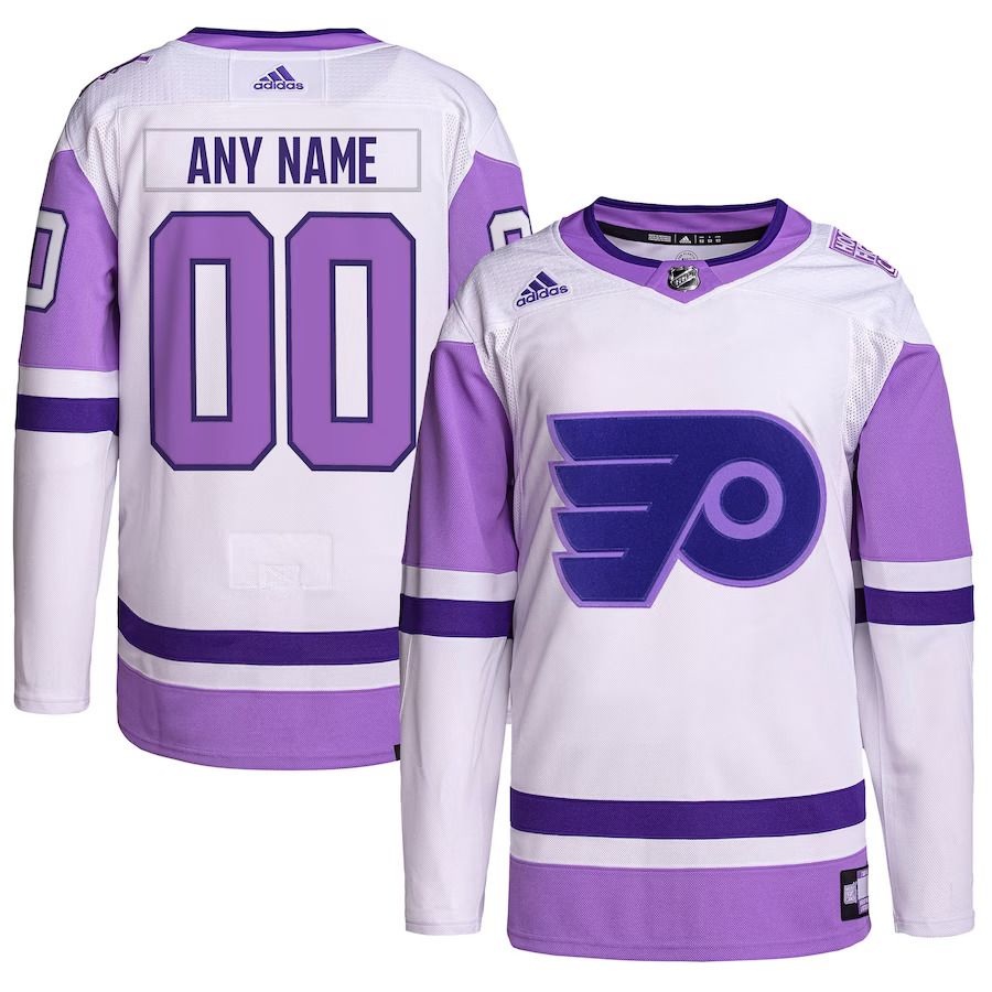 Men Philadelphia Flyers adidas White Purple Hockey Fights Cancer Primegreen Authentic Custom NHL Jersey